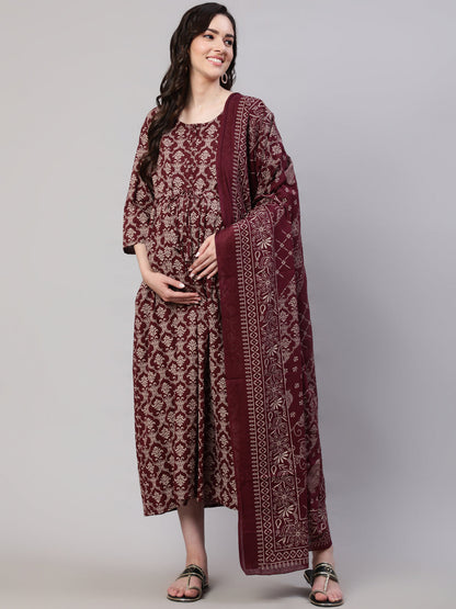 Women Burgundy Printed Flared Maternity Dress Dupatta | LASVINI - Redefining Indian Fashion with Elegance