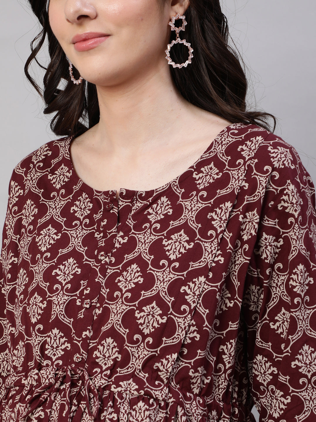 Women Burgundy Printed Flared Maternity Dress Dupatta | LASVINI - Redefining Indian Fashion with Elegance