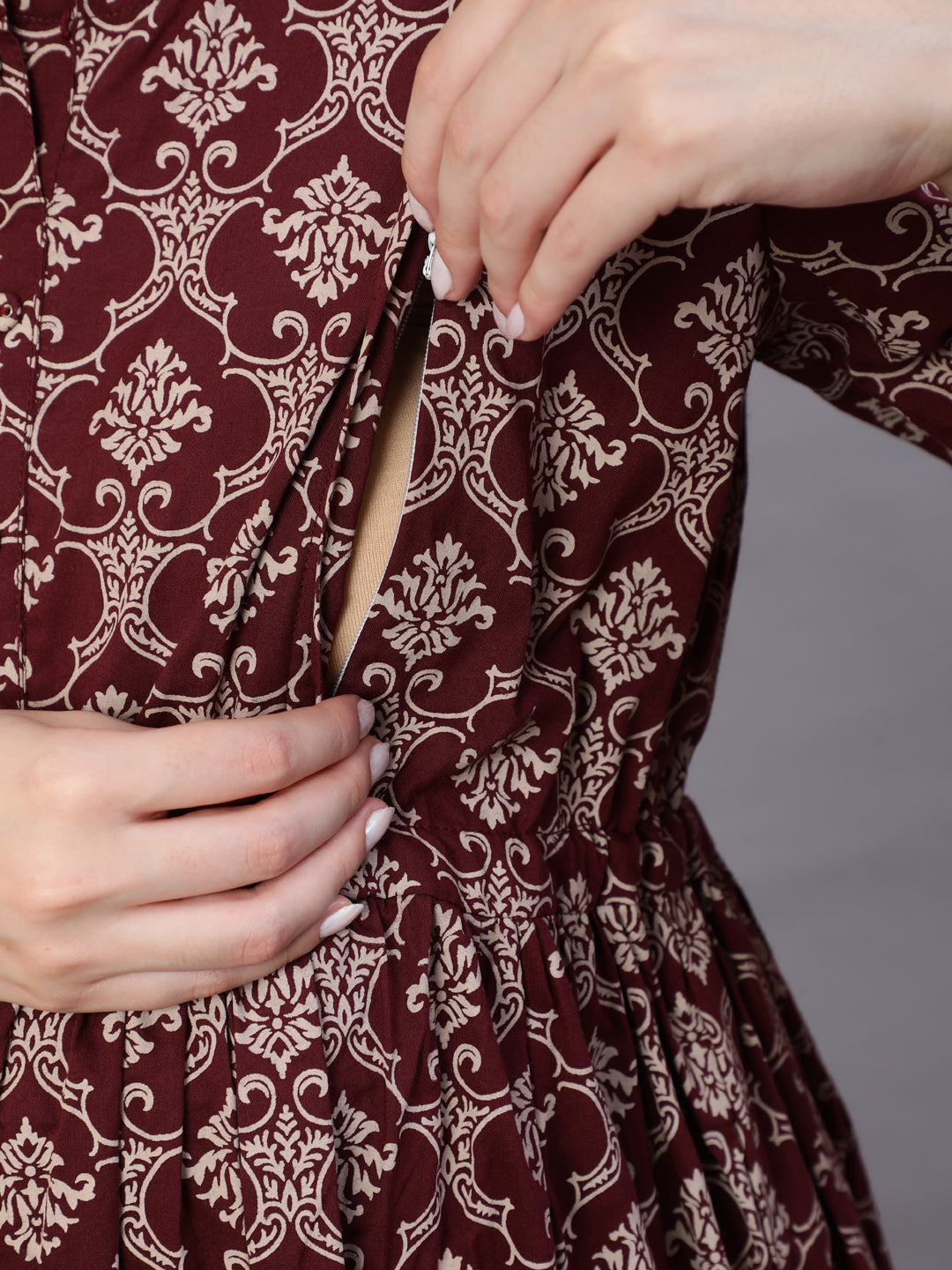 Women Burgundy Printed Flared Maternity Dress Dupatta | LASVINI - Redefining Indian Fashion with Elegance