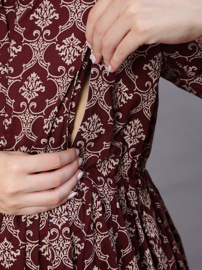 Women Burgundy Printed Flared Maternity Dress Dupatta | LASVINI - Redefining Indian Fashion with Elegance