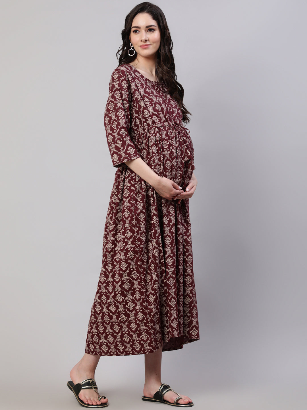 Women Burgundy Printed Flared Maternity Dress Dupatta | LASVINI - Redefining Indian Fashion with Elegance