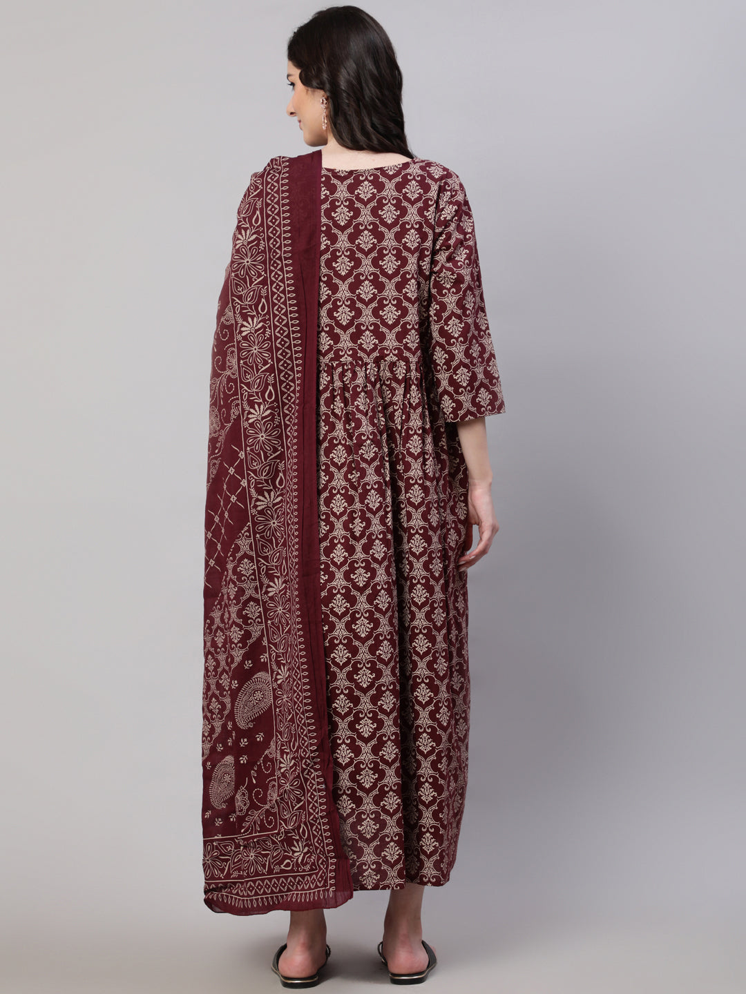 Women Burgundy Printed Flared Maternity Dress Dupatta | LASVINI - Redefining Indian Fashion with Elegance