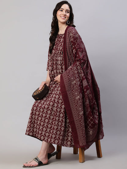 Women Burgundy Printed Flared Maternity Dress Dupatta | LASVINI - Redefining Indian Fashion with Elegance