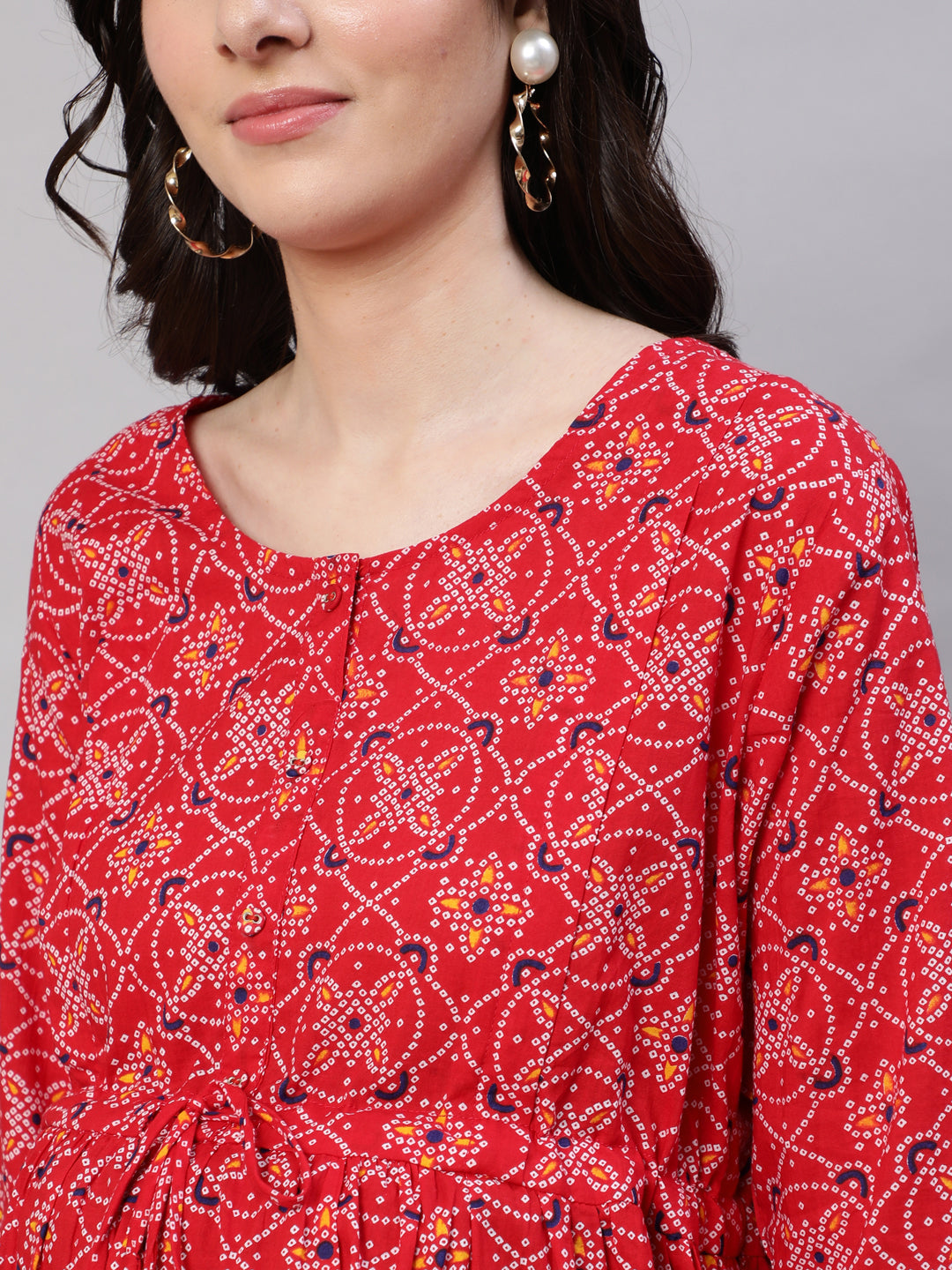 Women Red Printed Flared Maternity Dress | LASVINI - Redefining Indian Fashion with Elegance