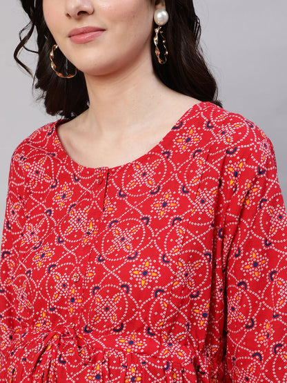Women Red Printed Flared Maternity Dress | LASVINI - Redefining Indian Fashion with Elegance
