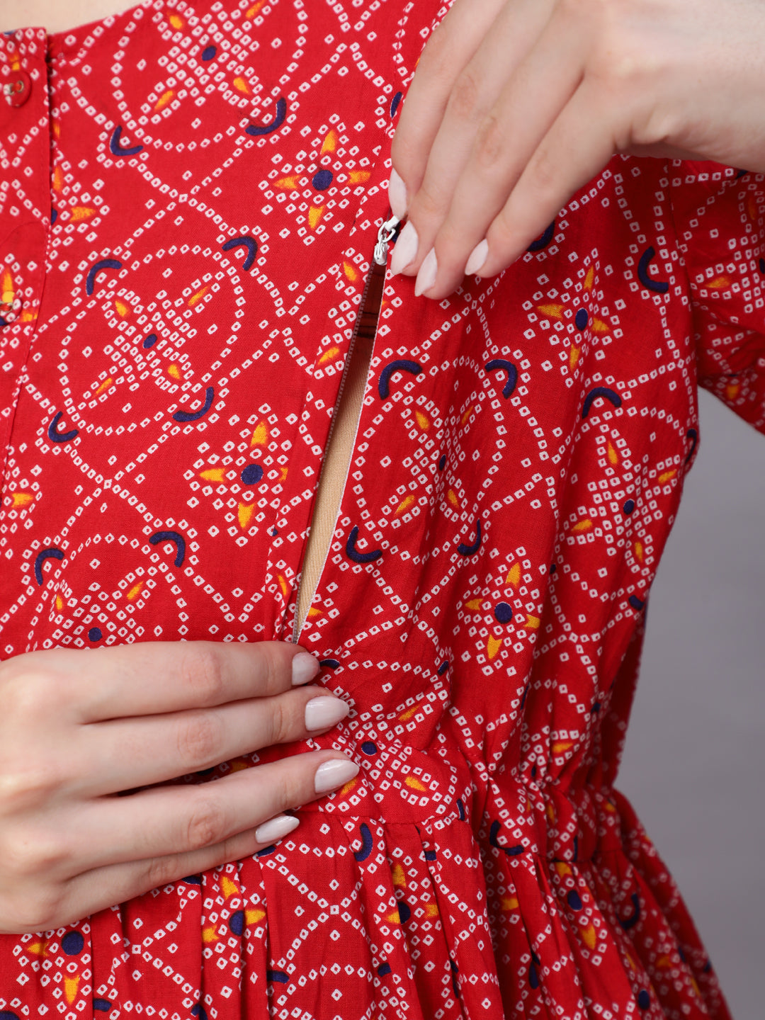 Women Red Printed Flared Maternity Dress | LASVINI - Redefining Indian Fashion with Elegance