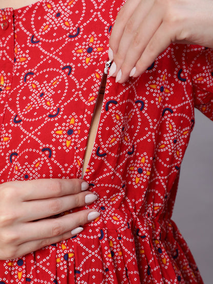 Women Red Printed Flared Maternity Dress | LASVINI - Redefining Indian Fashion with Elegance