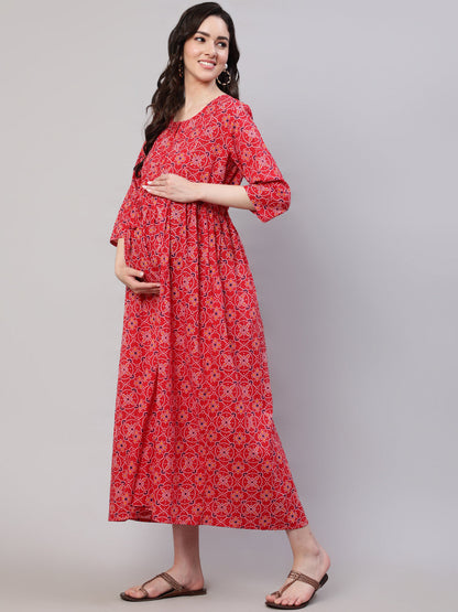 Women Red Printed Flared Maternity Dress | LASVINI - Redefining Indian Fashion with Elegance