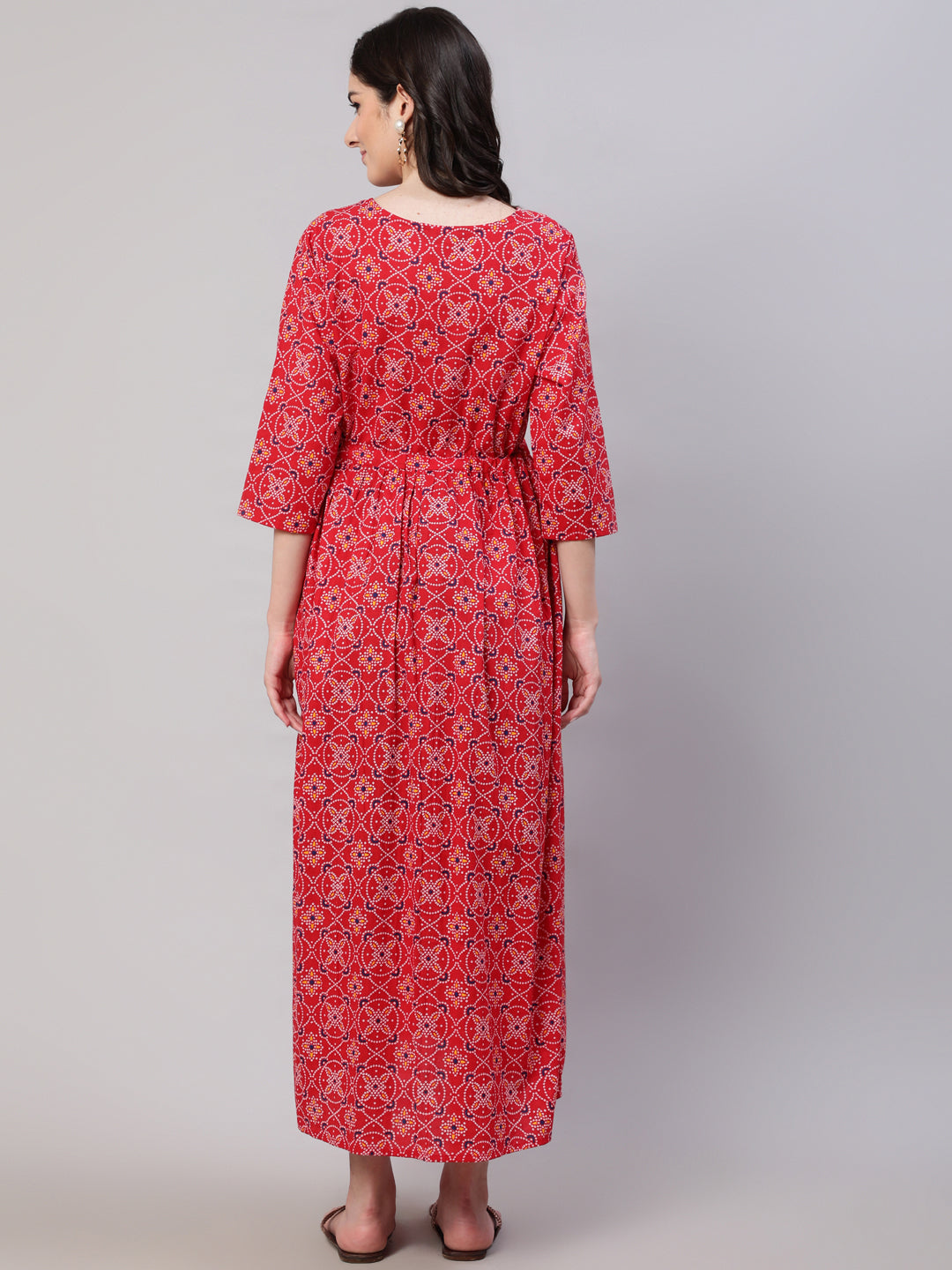 Women Red Printed Flared Maternity Dress | LASVINI - Redefining Indian Fashion with Elegance