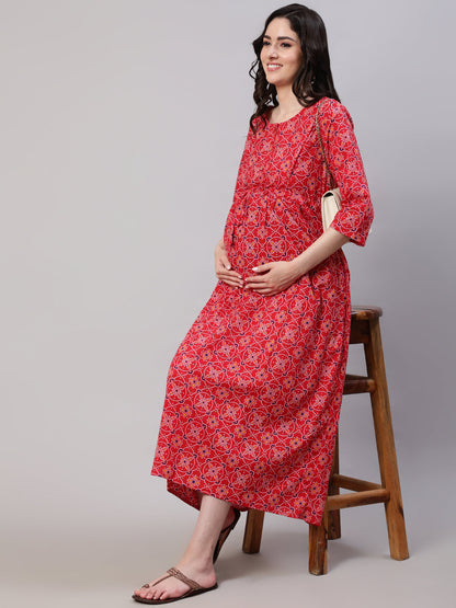 Women Red Printed Flared Maternity Dress | LASVINI - Redefining Indian Fashion with Elegance