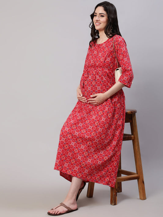 Women Red Printed Flared Maternity Dress | LASVINI - Redefining Indian Fashion with Elegance