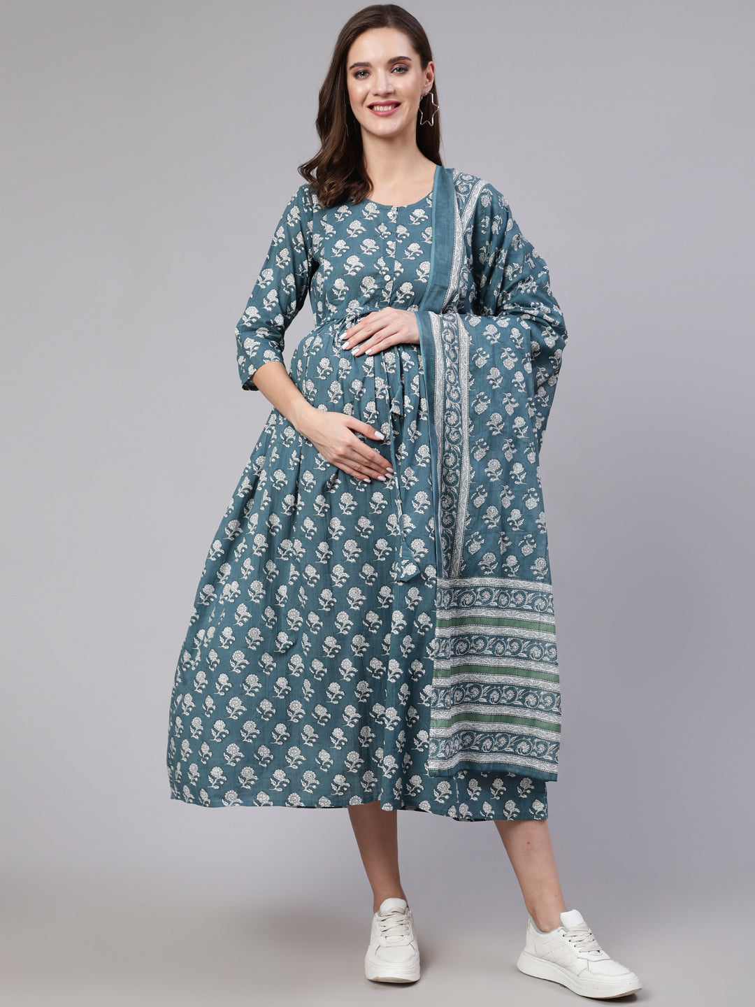 Women Blue Printed Flared Maternity Dress With Dupatta | LASVINI - Redefining Indian Fashion with Elegance