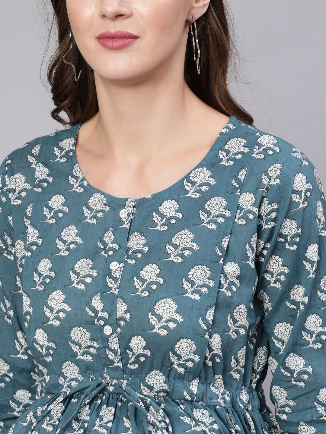 Women Blue Printed Flared Maternity Dress With Dupatta | LASVINI - Redefining Indian Fashion with Elegance