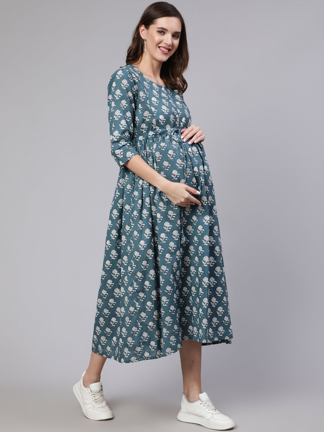 Women Blue Printed Flared Maternity Dress With Dupatta | LASVINI - Redefining Indian Fashion with Elegance