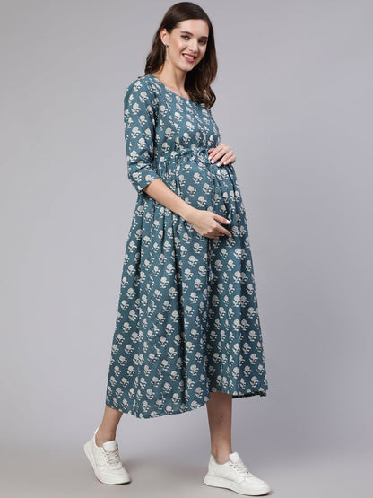 Women Blue Printed Flared Maternity Dress With Dupatta | LASVINI - Redefining Indian Fashion with Elegance