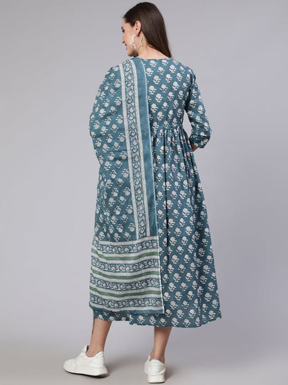 Women Blue Printed Flared Maternity Dress With Dupatta | LASVINI - Redefining Indian Fashion with Elegance