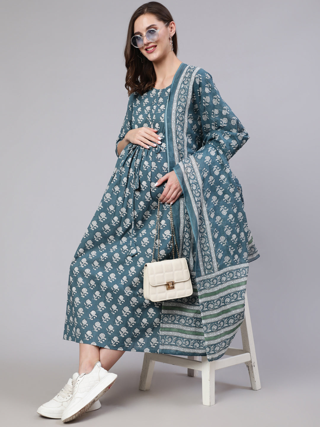 Women Blue Printed Flared Maternity Dress With Dupatta | LASVINI - Redefining Indian Fashion with Elegance