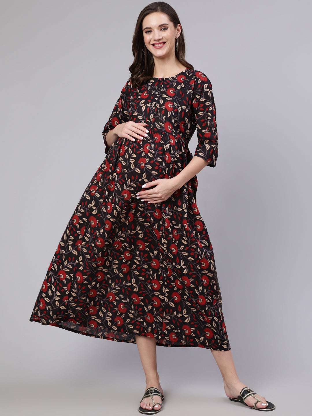 Women Black Floral Printed Flared Maternity Dress | LASVINI - Redefining Indian Fashion with Elegance