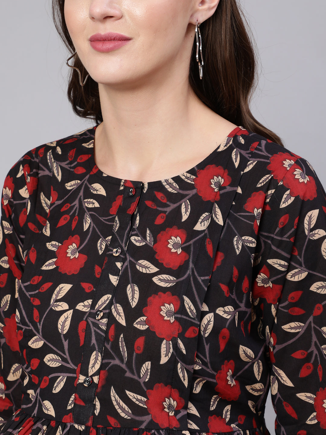 Women Black Floral Printed Flared Maternity Dress | LASVINI - Redefining Indian Fashion with Elegance