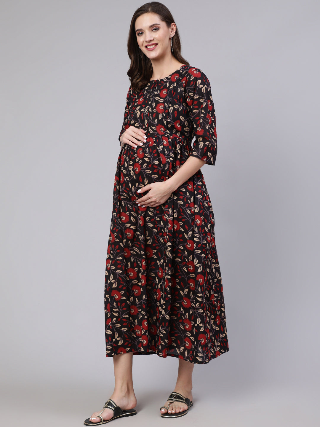 Women Black Floral Printed Flared Maternity Dress | LASVINI - Redefining Indian Fashion with Elegance