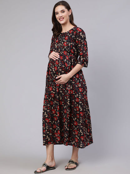 Women Black Floral Printed Flared Maternity Dress | LASVINI - Redefining Indian Fashion with Elegance
