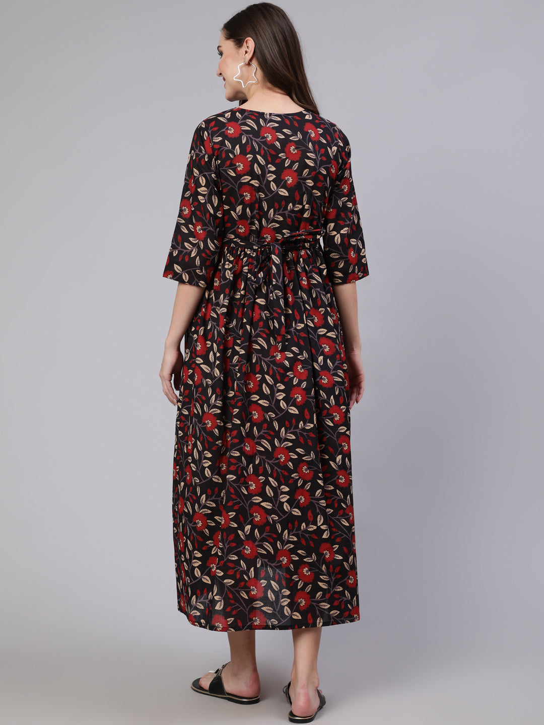Women Black Floral Printed Flared Maternity Dress | LASVINI - Redefining Indian Fashion with Elegance