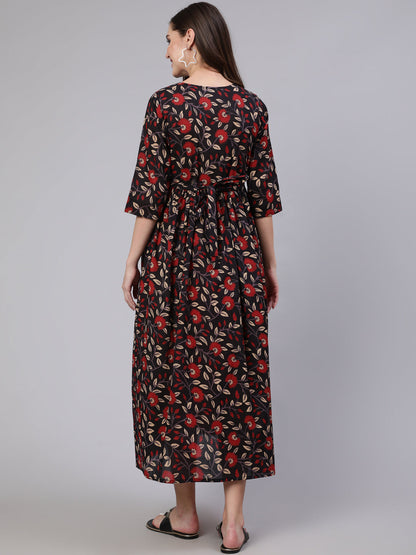 Women Black Floral Printed Flared Maternity Dress | LASVINI - Redefining Indian Fashion with Elegance