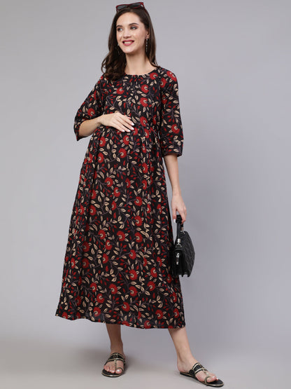 Women Black Floral Printed Flared Maternity Dress | LASVINI - Redefining Indian Fashion with Elegance