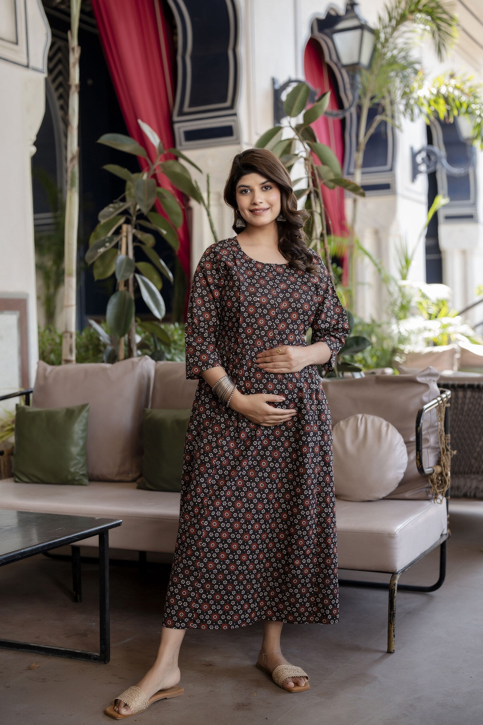 Women Black Floral Printed Flared Maternity Dress | LASVINI - Redefining Indian Fashion with Elegance