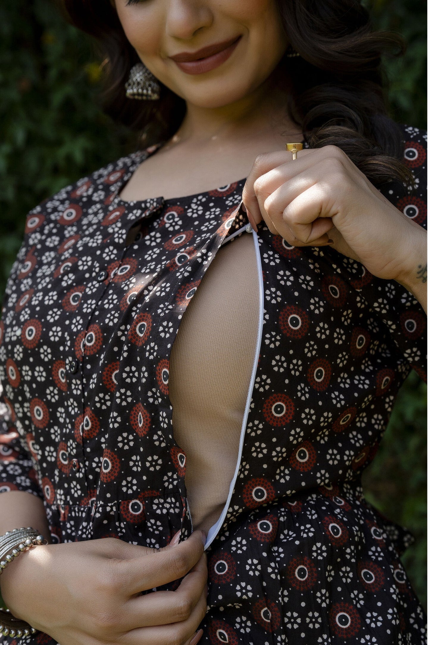 Women Black Floral Printed Flared Maternity Dress | LASVINI - Redefining Indian Fashion with Elegance