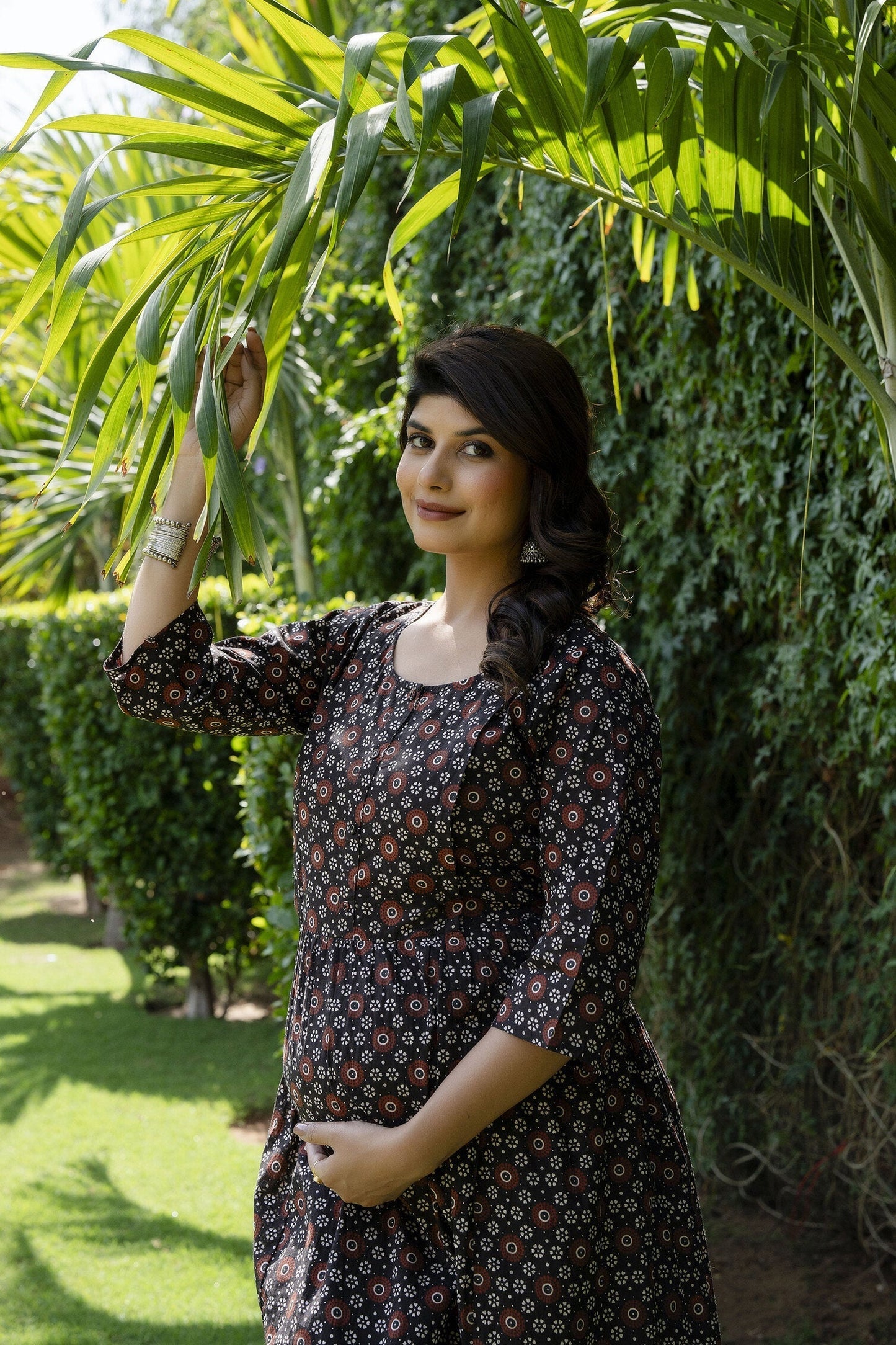 Women Black Floral Printed Flared Maternity Dress | LASVINI - Redefining Indian Fashion with Elegance