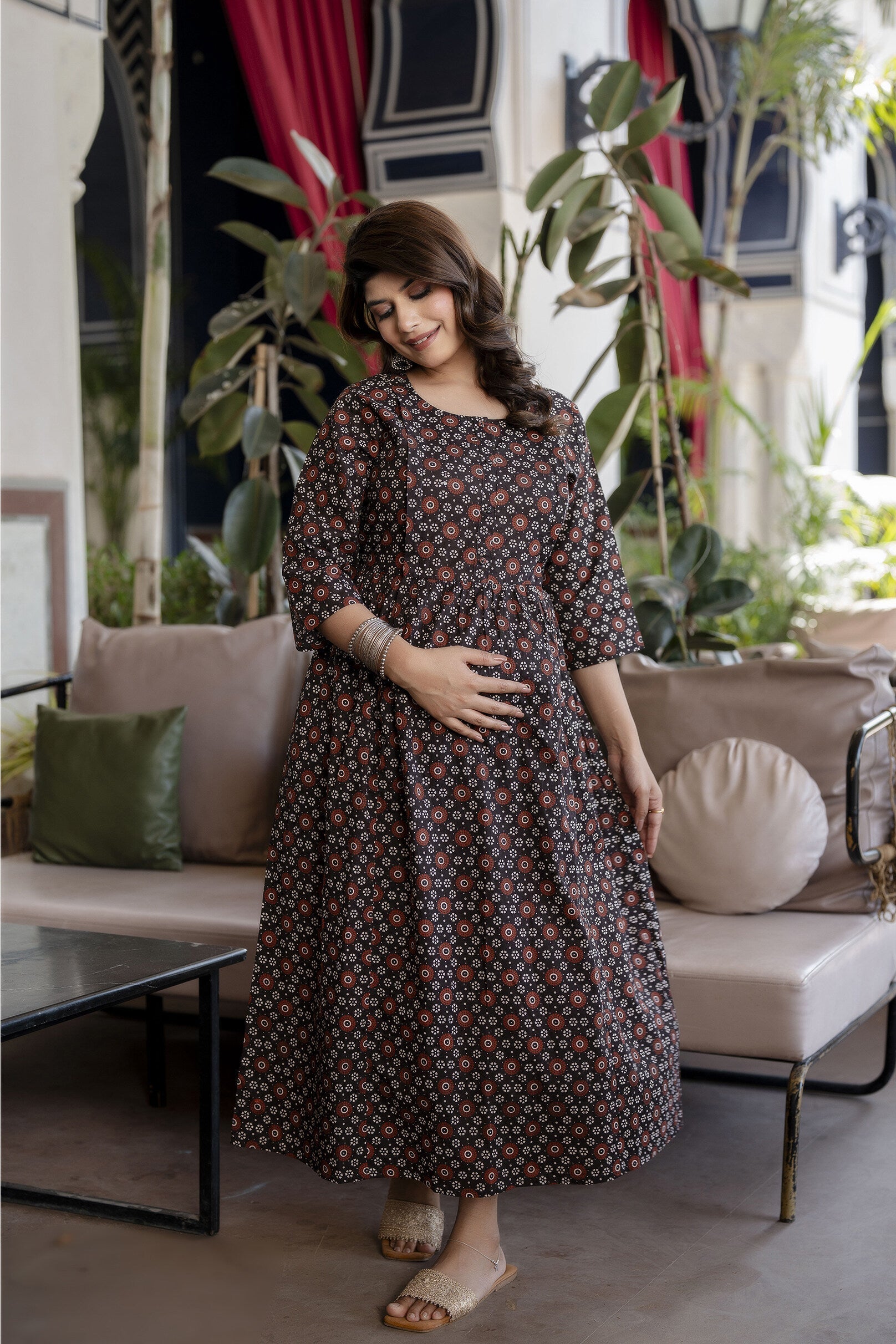 Women Black Floral Printed Flared Maternity Dress | LASVINI - Redefining Indian Fashion with Elegance