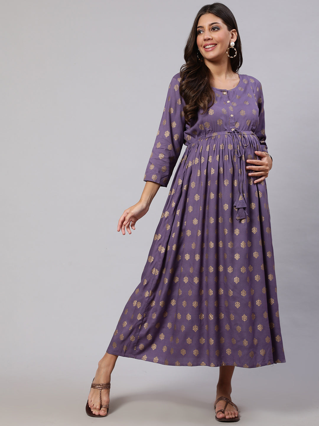 Women Purple Printed Flared Maternity Dress | LASVINI - Redefining Indian Fashion with Elegance