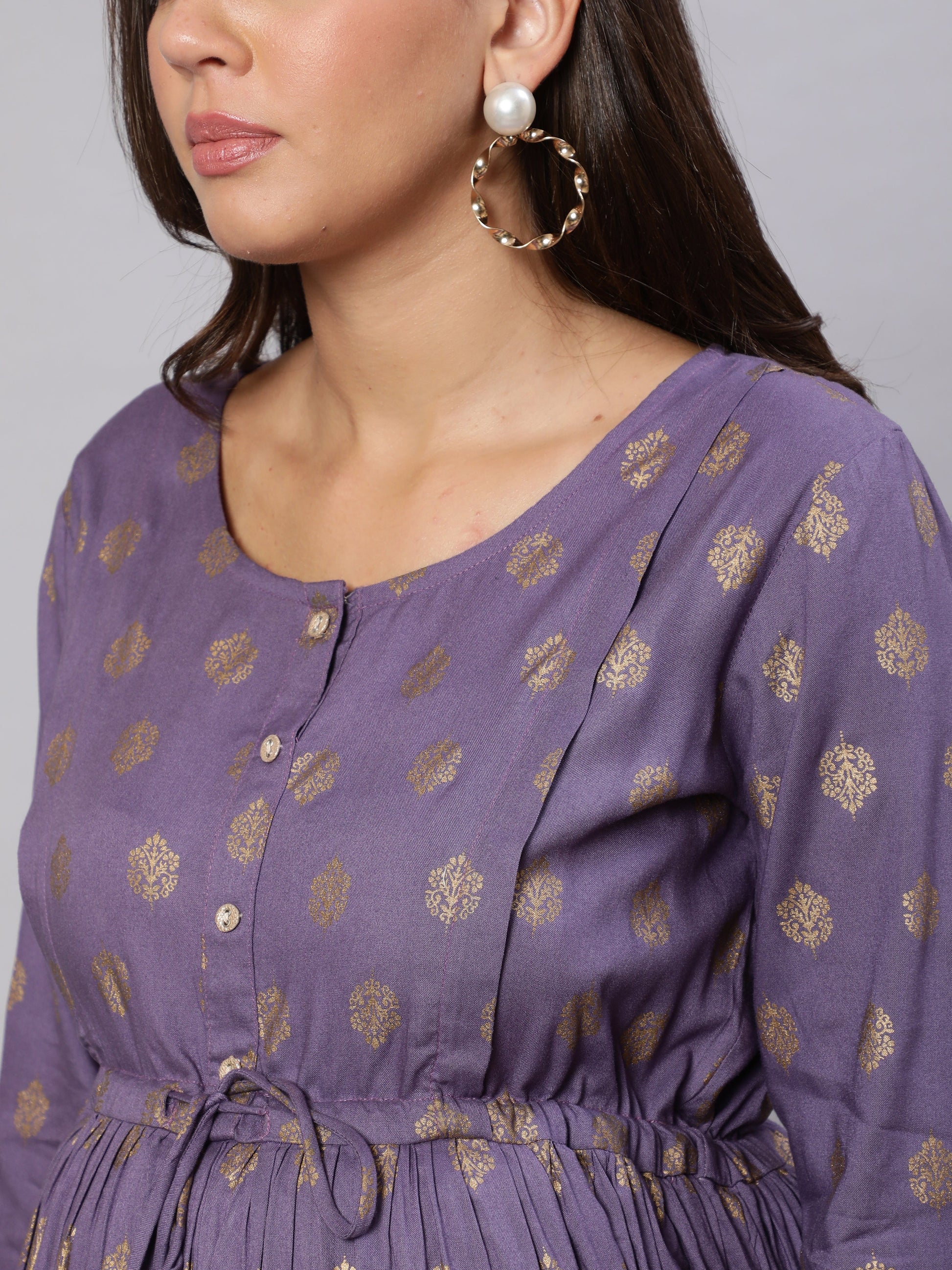 Women Purple Printed Flared Maternity Dress | LASVINI - Redefining Indian Fashion with Elegance