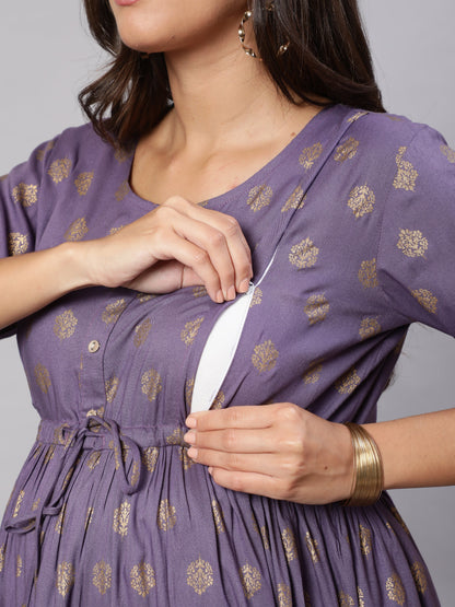 Women Purple Printed Flared Maternity Dress | LASVINI - Redefining Indian Fashion with Elegance