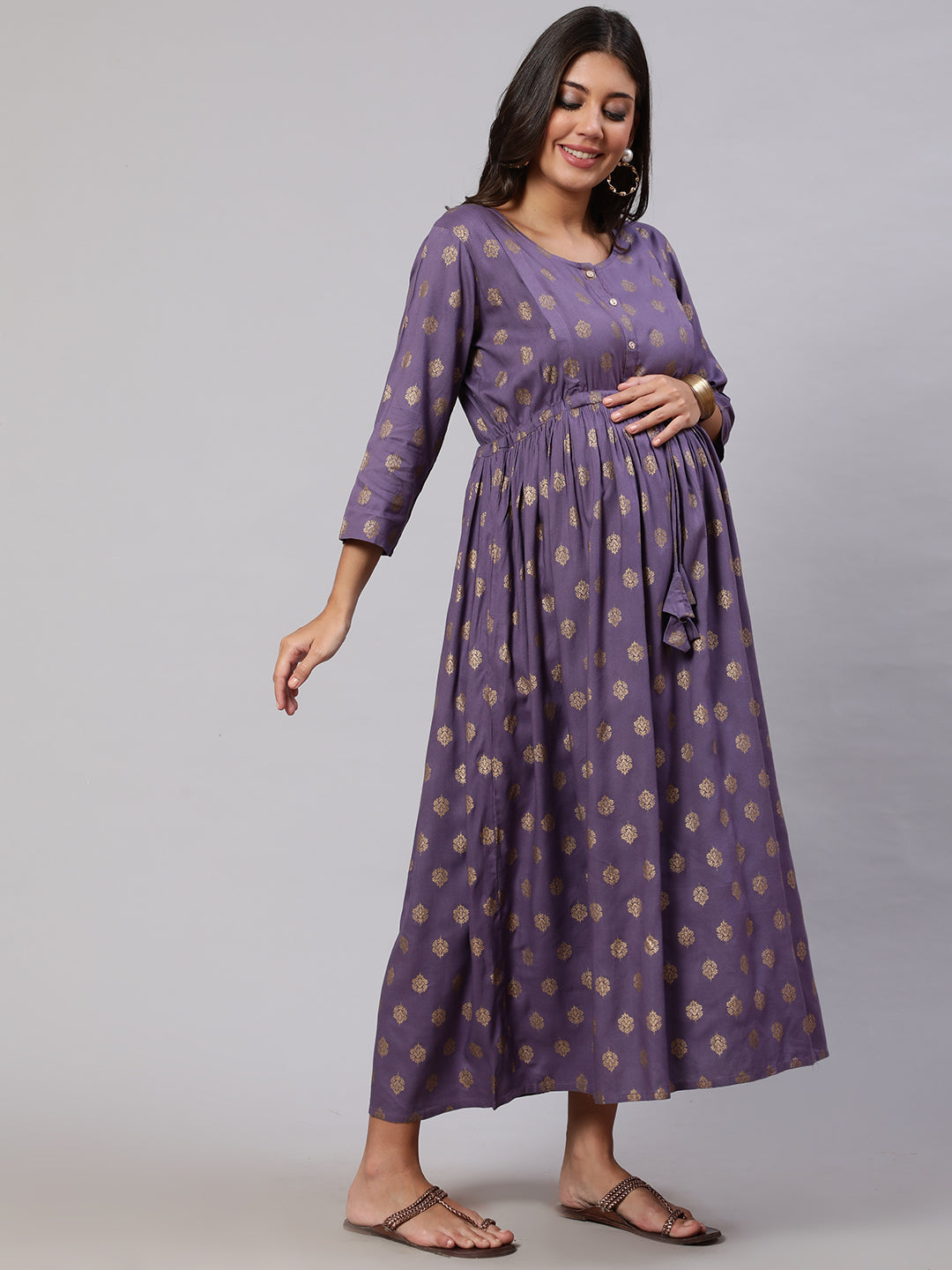 Women Purple Printed Flared Maternity Dress | LASVINI - Redefining Indian Fashion with Elegance