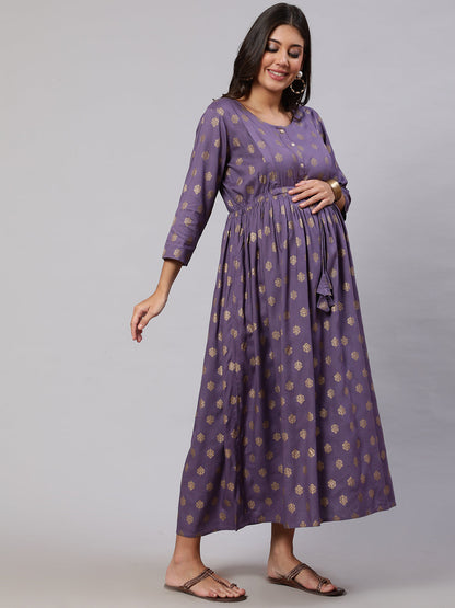 Women Purple Printed Flared Maternity Dress | LASVINI - Redefining Indian Fashion with Elegance