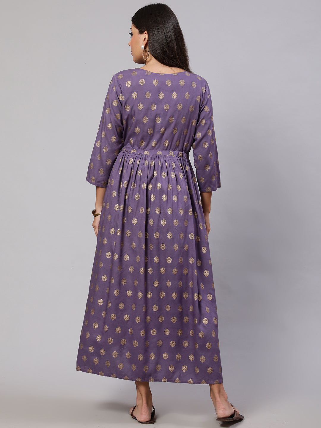 Women Purple Printed Flared Maternity Dress | LASVINI - Redefining Indian Fashion with Elegance