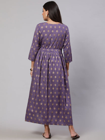 Women Purple Printed Flared Maternity Dress | LASVINI - Redefining Indian Fashion with Elegance