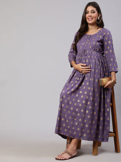 Women Purple Printed Flared Maternity Dress | LASVINI - Redefining Indian Fashion with Elegance