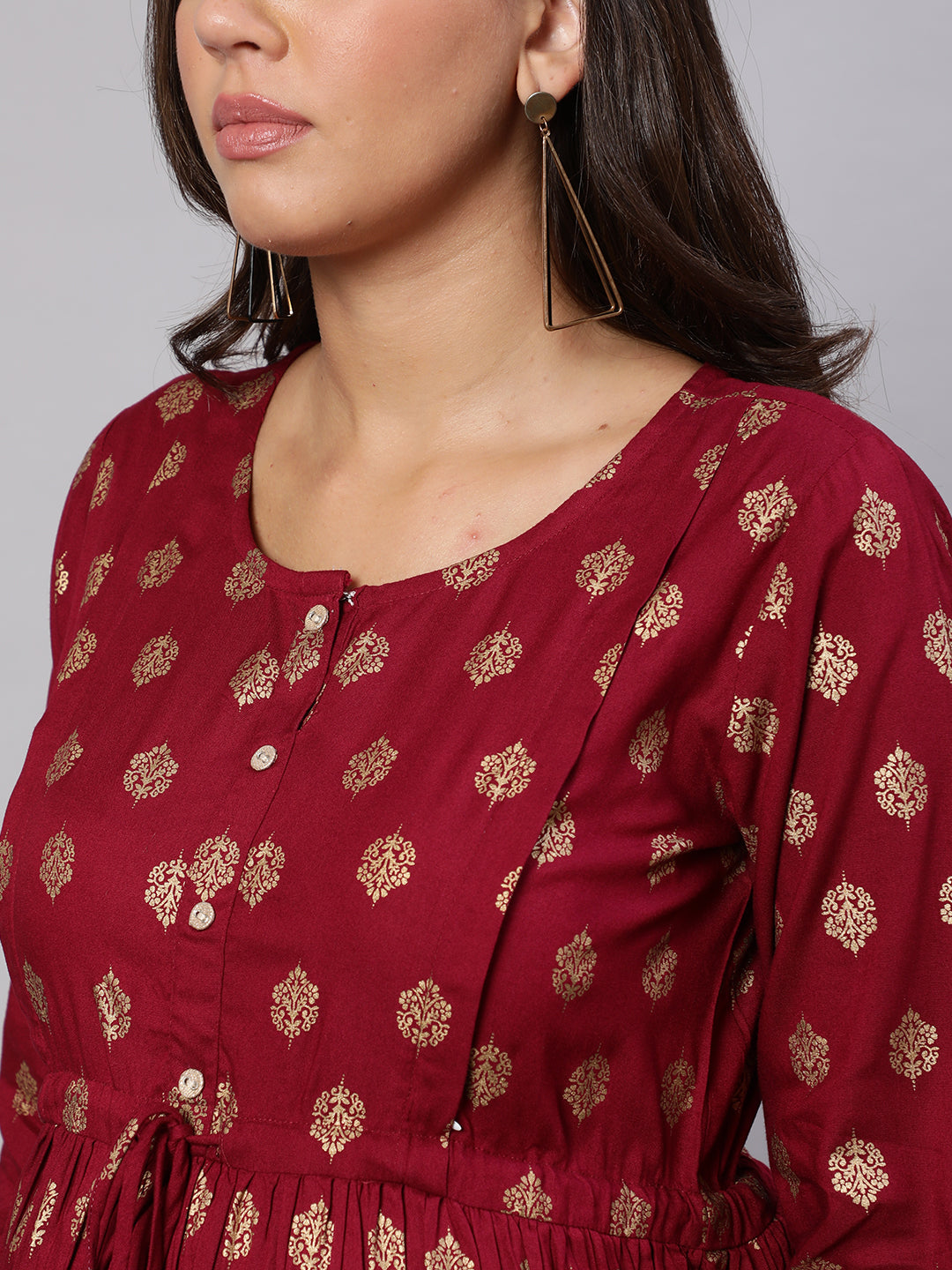 Women Burgundy Printed Flared Maternity Dress | LASVINI - Redefining Indian Fashion with Elegance