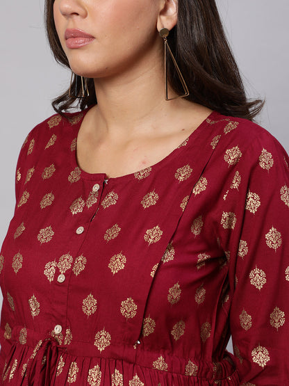 Women Burgundy Printed Flared Maternity Dress | LASVINI - Redefining Indian Fashion with Elegance