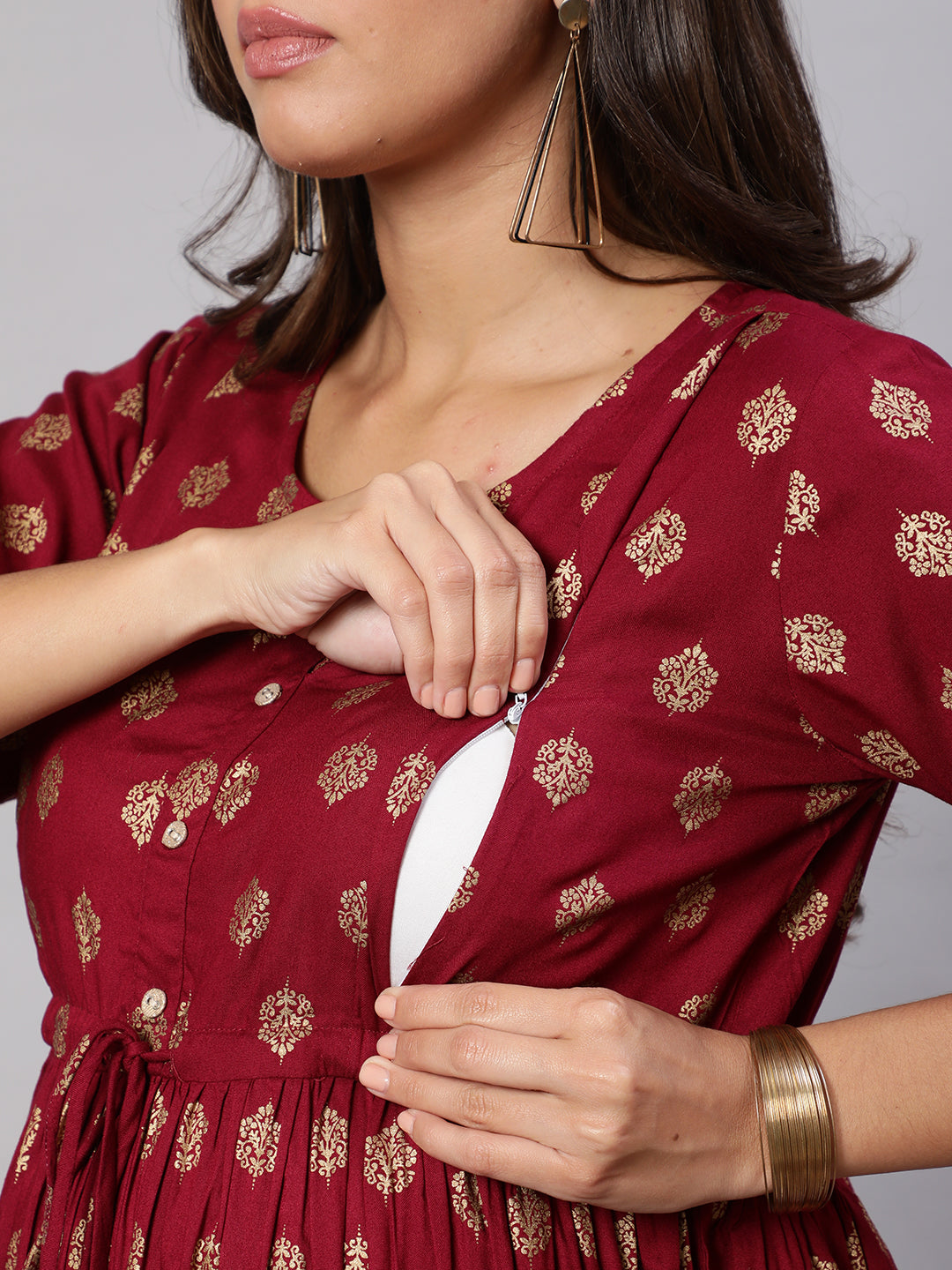 Women Burgundy Printed Flared Maternity Dress | LASVINI - Redefining Indian Fashion with Elegance