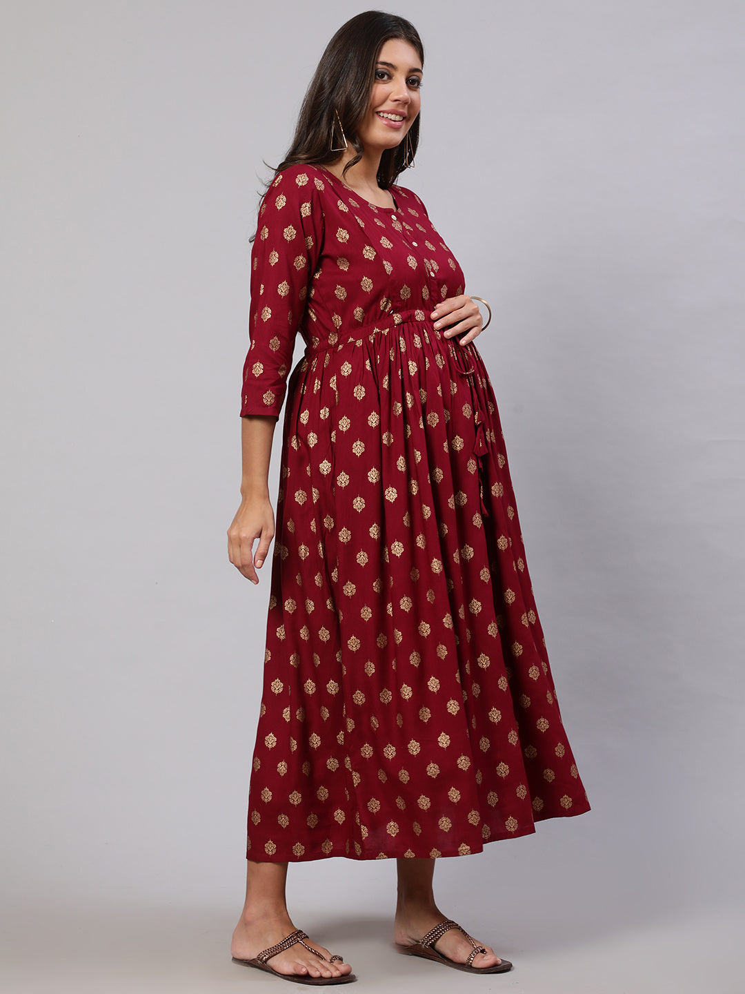 Women Burgundy Printed Flared Maternity Dress | LASVINI - Redefining Indian Fashion with Elegance
