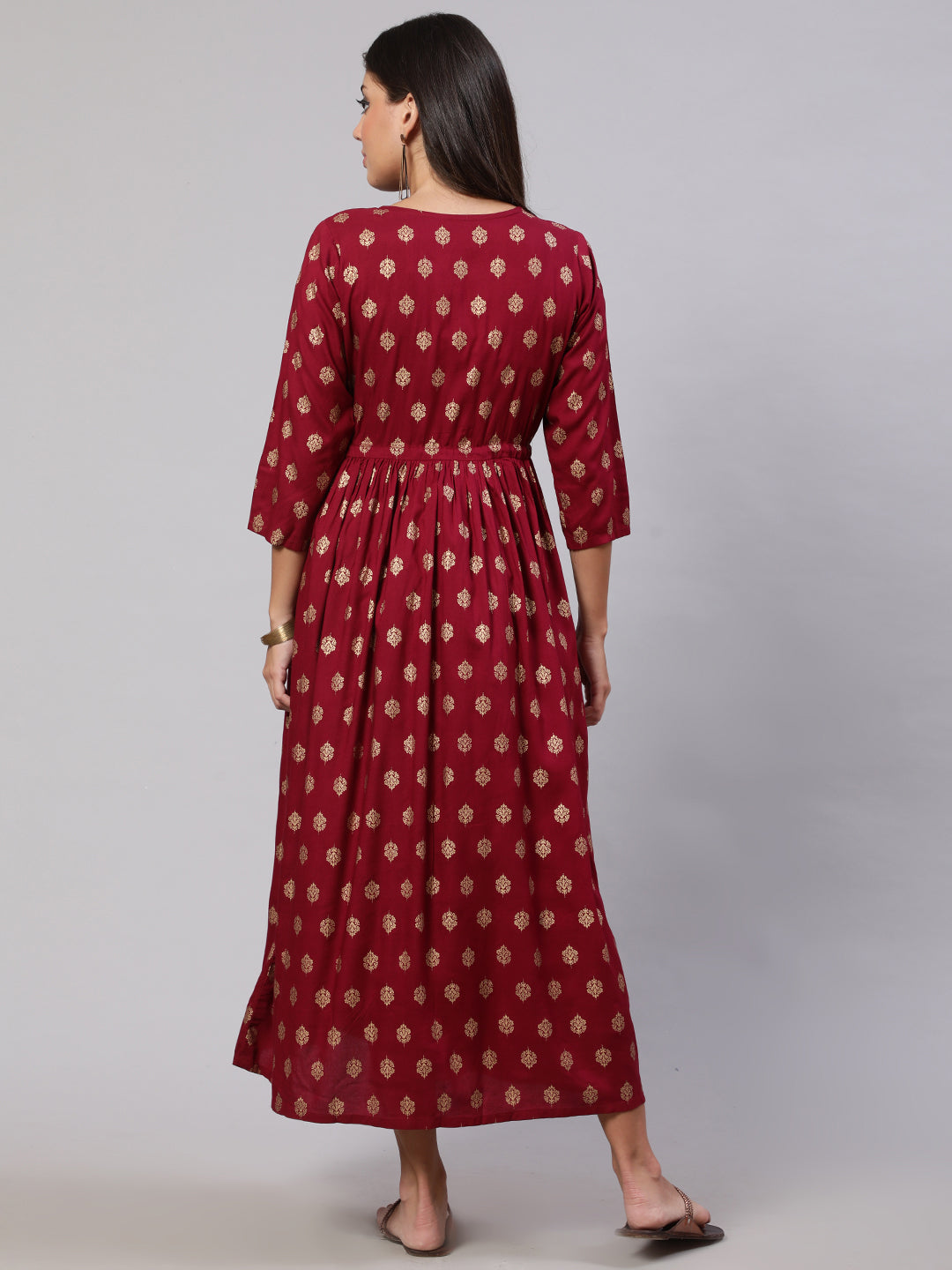 Women Burgundy Printed Flared Maternity Dress | LASVINI - Redefining Indian Fashion with Elegance