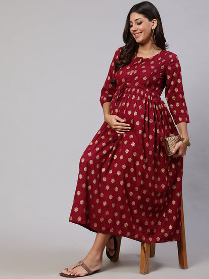 Women Burgundy Printed Flared Maternity Dress | LASVINI - Redefining Indian Fashion with Elegance