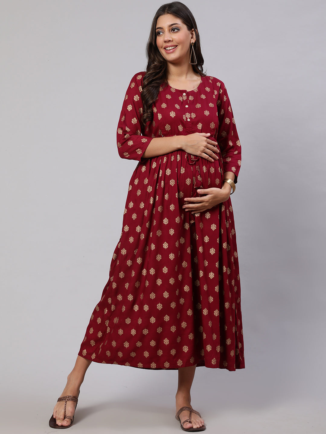 Women Burgundy Printed Flared Maternity Dress | LASVINI - Redefining Indian Fashion with Elegance