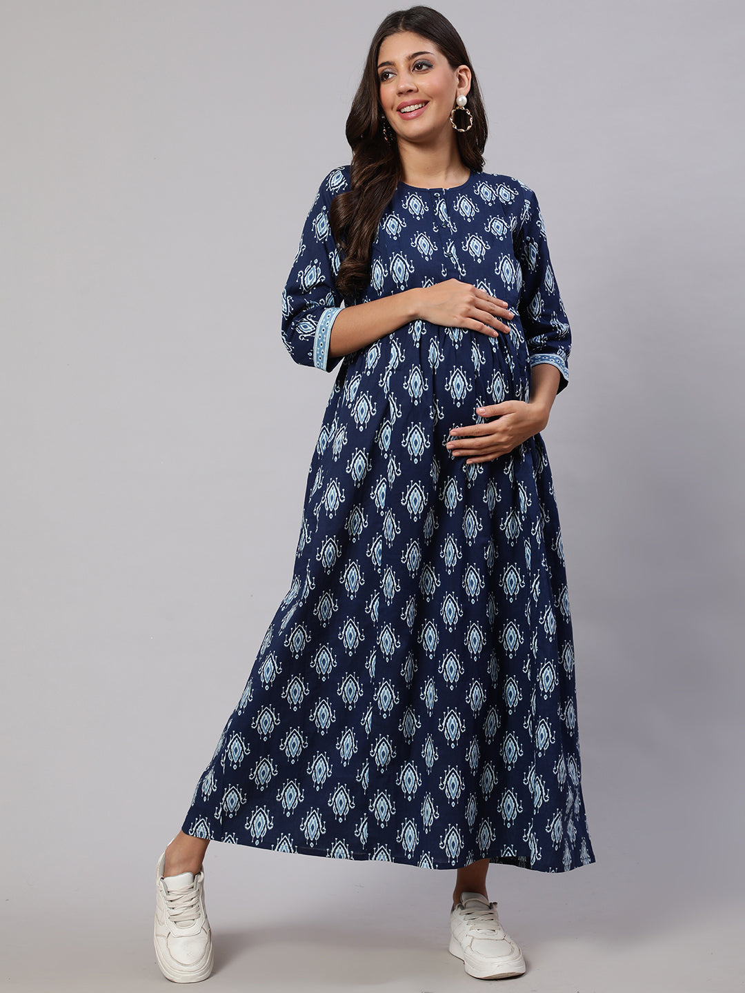 Women Navy Blue Printed Flared Maternity Dress | LASVINI - Redefining Indian Fashion with Elegance