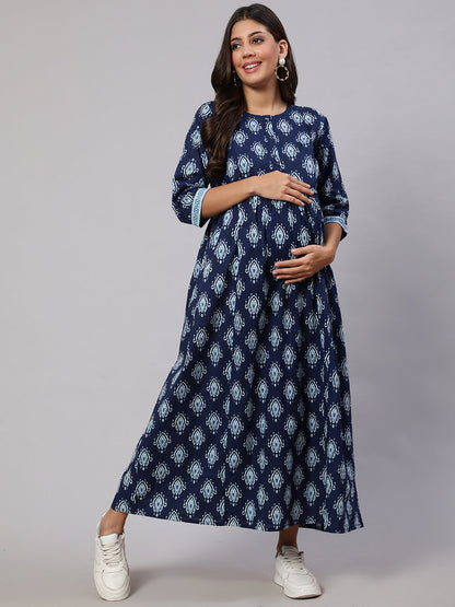 Women Navy Blue Printed Flared Maternity Dress | LASVINI - Redefining Indian Fashion with Elegance