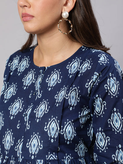 Women Navy Blue Printed Flared Maternity Dress | LASVINI - Redefining Indian Fashion with Elegance